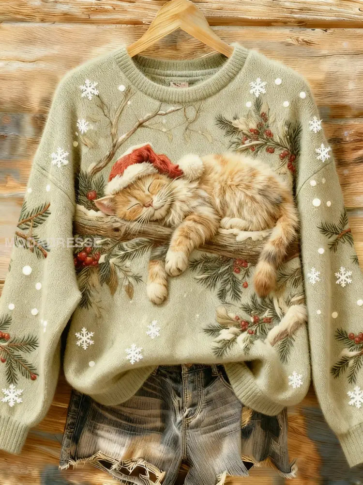 Kvinnors söta jul sovande katt konst Print Casual Sweatshirt som bild / S
