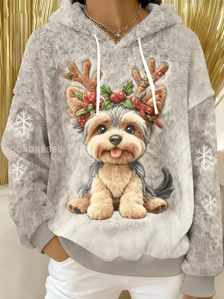 Kvinnors söta julhund konst Skriv ut Casual Flannel Hoodie Flannel som bild / S