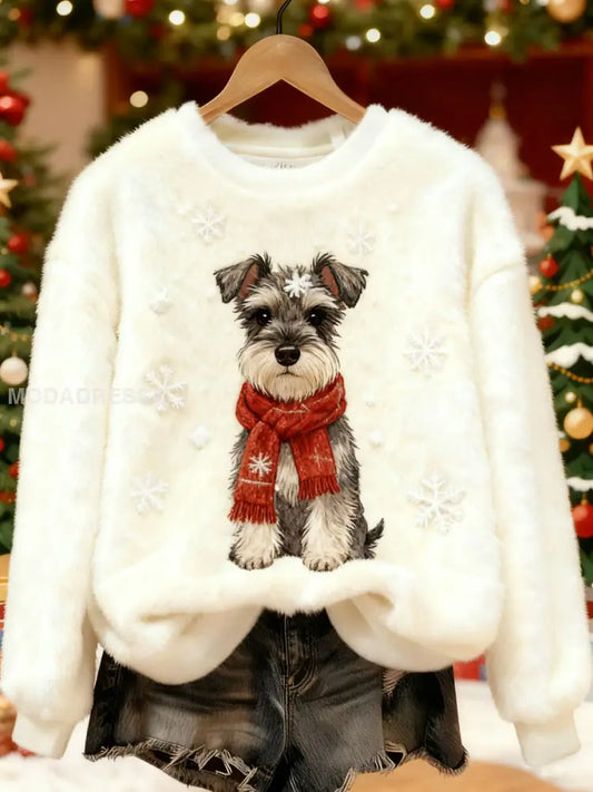 Kvinnors söta julhund Print Casual Flannel Sweatshirt kränk-vitt / S