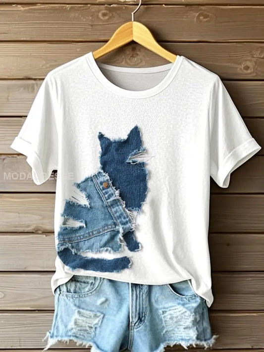 Kvinnors söta katt Denim Patchwork konst T-shirt vitt / S