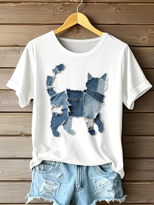 Kvinnors söta katt Denim Patchwork konst T-shirt vitt / S