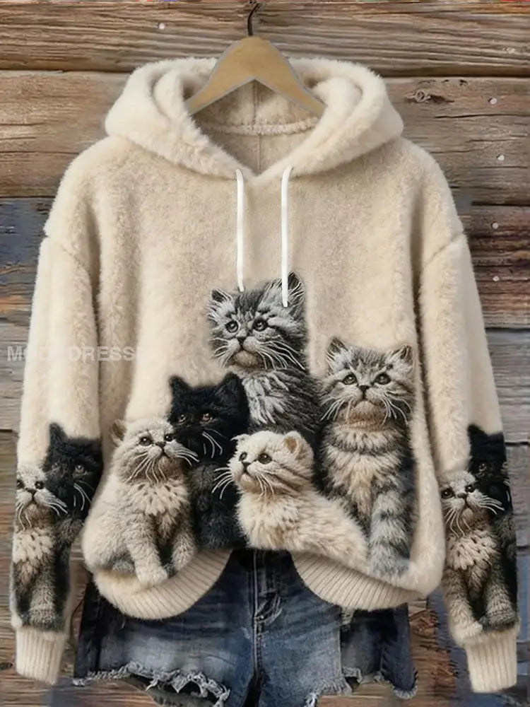 Kvinnors söta katt konst utskrift Casual Flannel Sweatshirt som bild / S