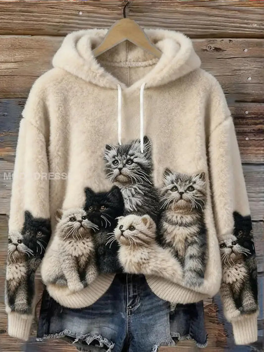 Kvinnors söta katt konst utskrift Casual Flannel Sweatshirt som bild / S