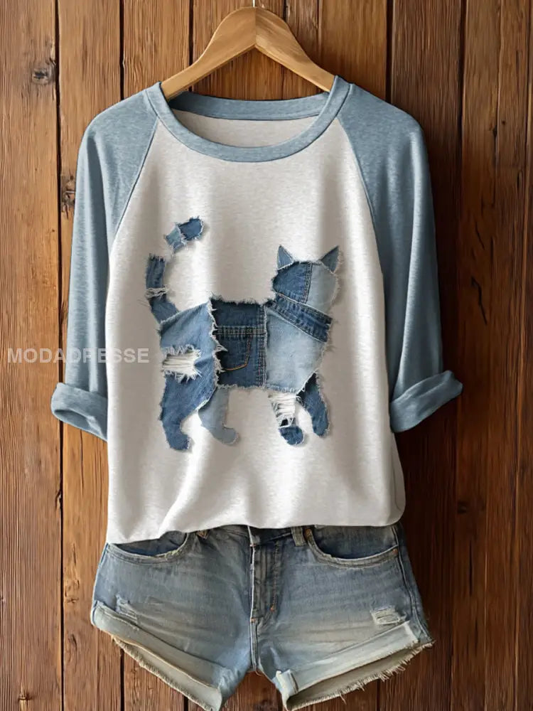 Kvinnors söta katt patchwork konst lång ärm T-shirt ljusblå / S