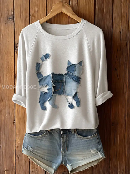 Kvinnors söta katt patchwork konst lång ärm T-shirt vitt / S