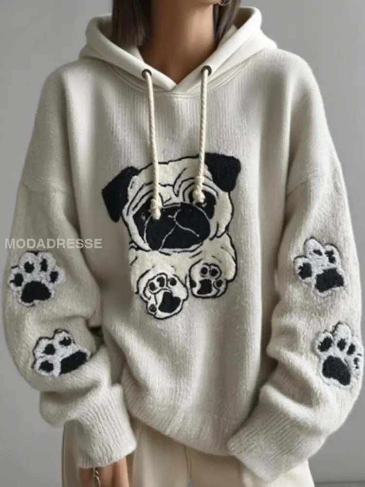 Kvinnors söta Pug broderier konst Loose Bekväm stickade överdimensionerad huvad som bild / S