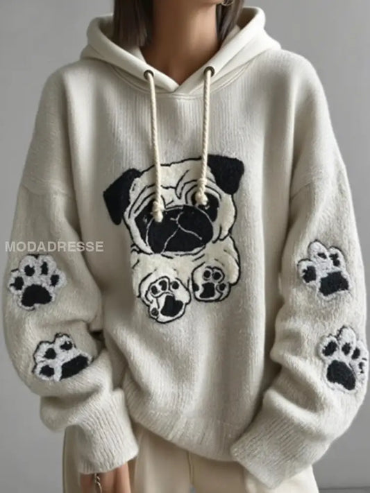 Kvinnors söta Pug broderier konst Loose Bekväm stickade överdimensionerad huvad som bild / S