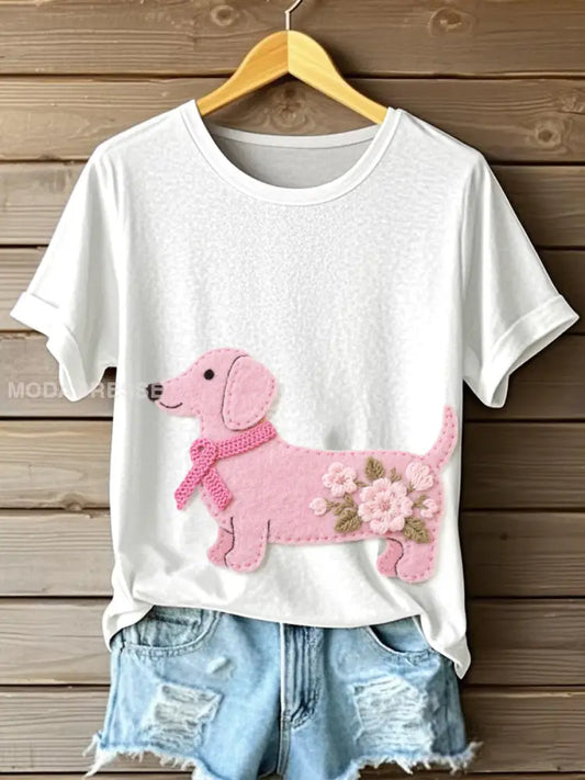 Kvinnors söta späckhund mönster filt konst T shirt vitt / S