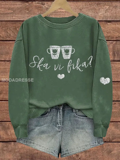 Kvinnors Sverige Roligt ska vi ha kaffe Fika tryckt sweathirt grön / S
