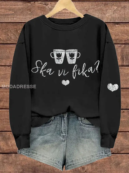 Kvinnors Sverige Roligt ska vi ha kaffe Fika tryckt sweathirt svart / S