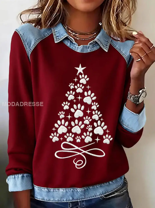 Kvinnors tassar julgran Skriv ut Casual Sweatshirt djupt rött / S