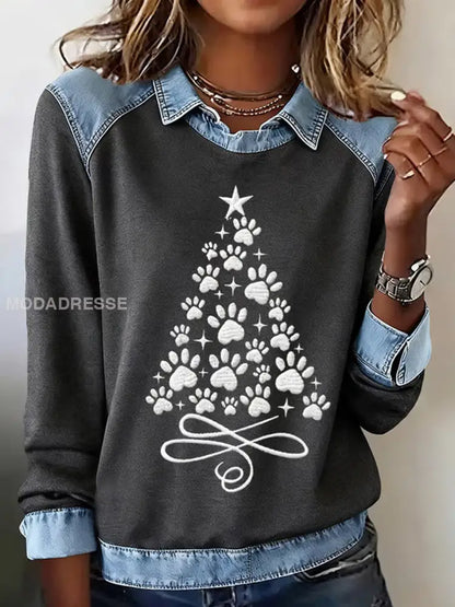 Kvinnors tassar julgran Skriv ut Casual Sweatshirt grått / S