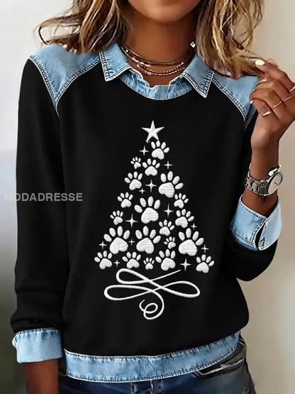 Kvinnors tassar julgran Skriv ut Casual Sweatshirt svart / S