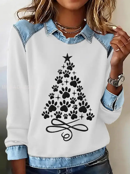 Kvinnors tassar julgran Skriv ut Casual Sweatshirt vitt / S