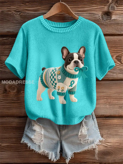 Kvinnors Teal Dog Teal Band Print Ovarian Cancer Medvetenhet Tee blå grön / S