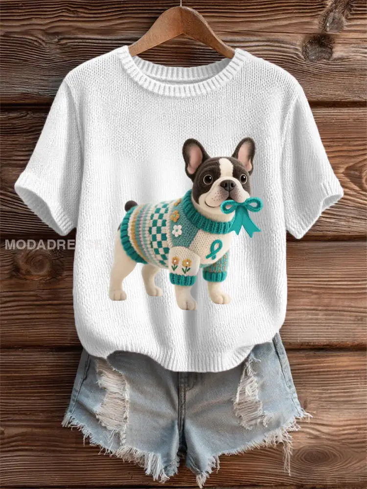 Kvinnors Teal Dog Teal Band Print Ovarian Cancer Medvetenhet Tee vitt / S