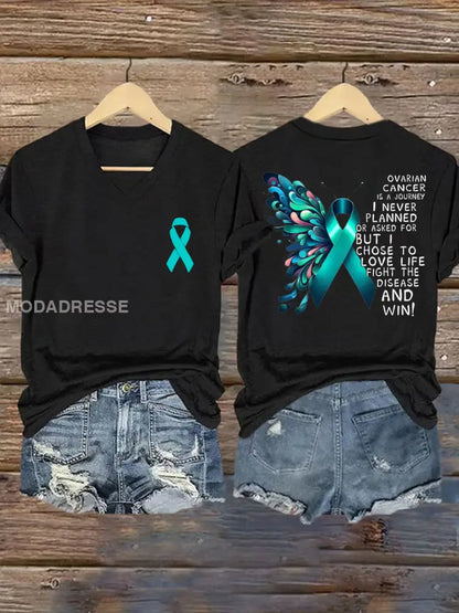 Kvinnors Teal Ribbon Butterfly Ovarian Cancer medvetenhet Stöd V Hack Tee svart / S