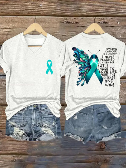 Kvinnors Teal Ribbon Butterfly Ovarian Cancer medvetenhet Stöd V Hack Tee vitt / S