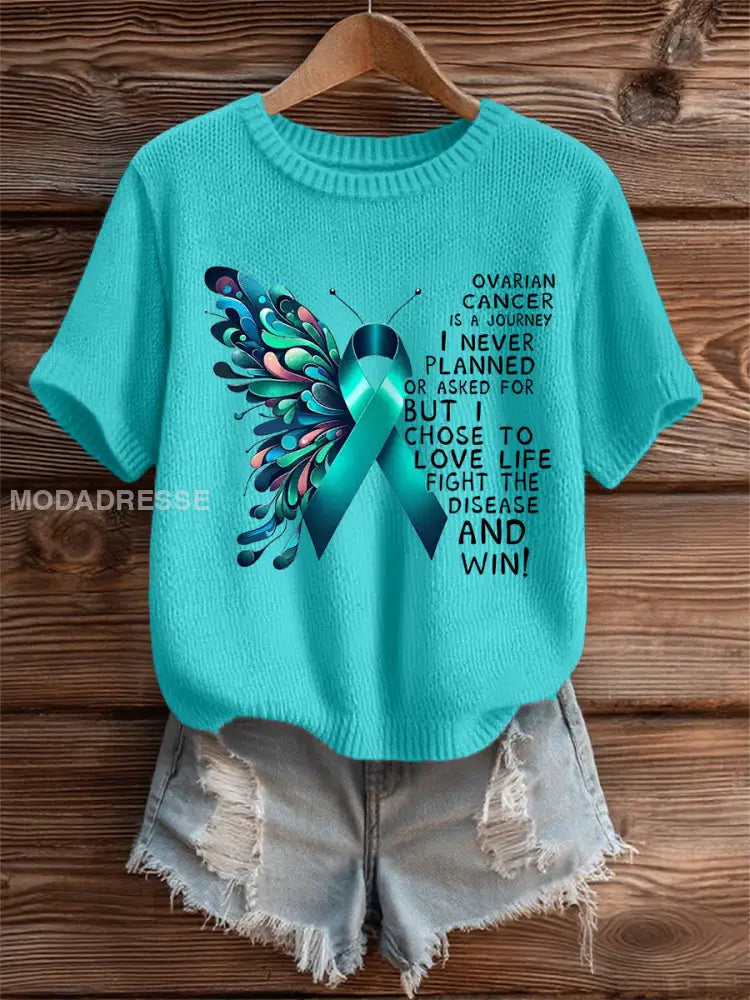 Kvinnors Teal Ribbon Butterfly Print Ovarian Cancer Medvetenhet Tee blå grön / S