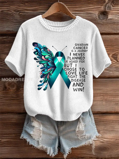 Kvinnors Teal Ribbon Butterfly Print Ovarian Cancer Medvetenhet Tee vitt / S