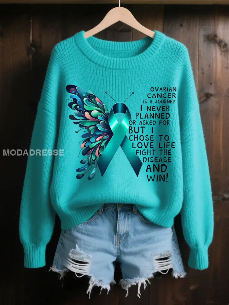 Kvinnors Teal Ribbon Butterfly Print Ovarian Cancer Medvetenhet Tröjar blå grön / S