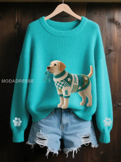 Kvinnors Teal Ribbon Teal Dog Print Ovarian Cancer Medvetenhet Tröjar blå grön / S