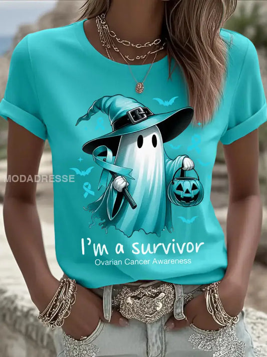 Kvinnors Teal Ribbon Halloween Ghost Print Ovarian Cancer Medvetenhet Tee blå grön / S