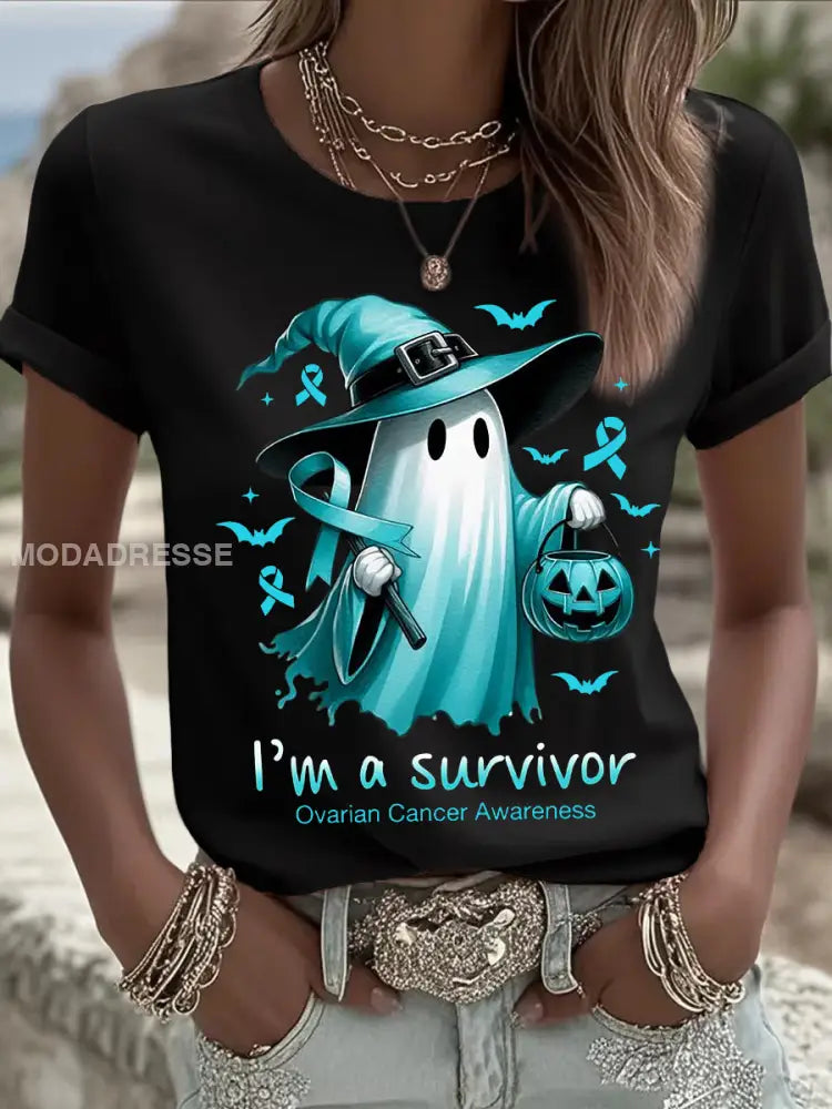 Kvinnors Teal Ribbon Halloween Ghost Print Ovarian Cancer Medvetenhet Tee svart / S
