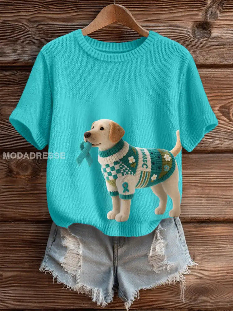 Kvinnors Teal Ribbon hund Print Ovarian Cancer Medvetenhet Tee blå grön / S