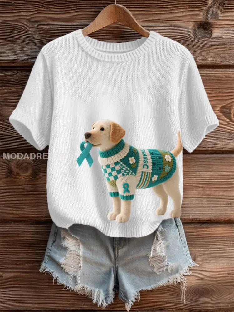 Kvinnors Teal Ribbon hund Print Ovarian Cancer Medvetenhet Tee vitt / S