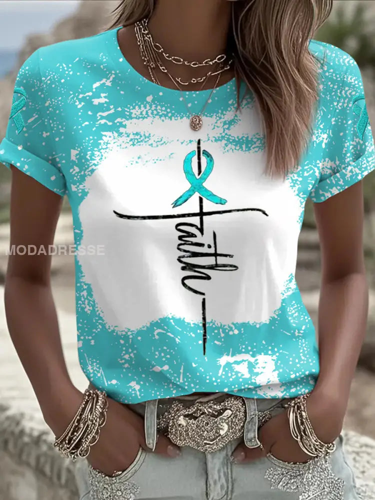 Kvinnors Teal Ribbon Kors tro äggstockscancer medvetenhet Tee