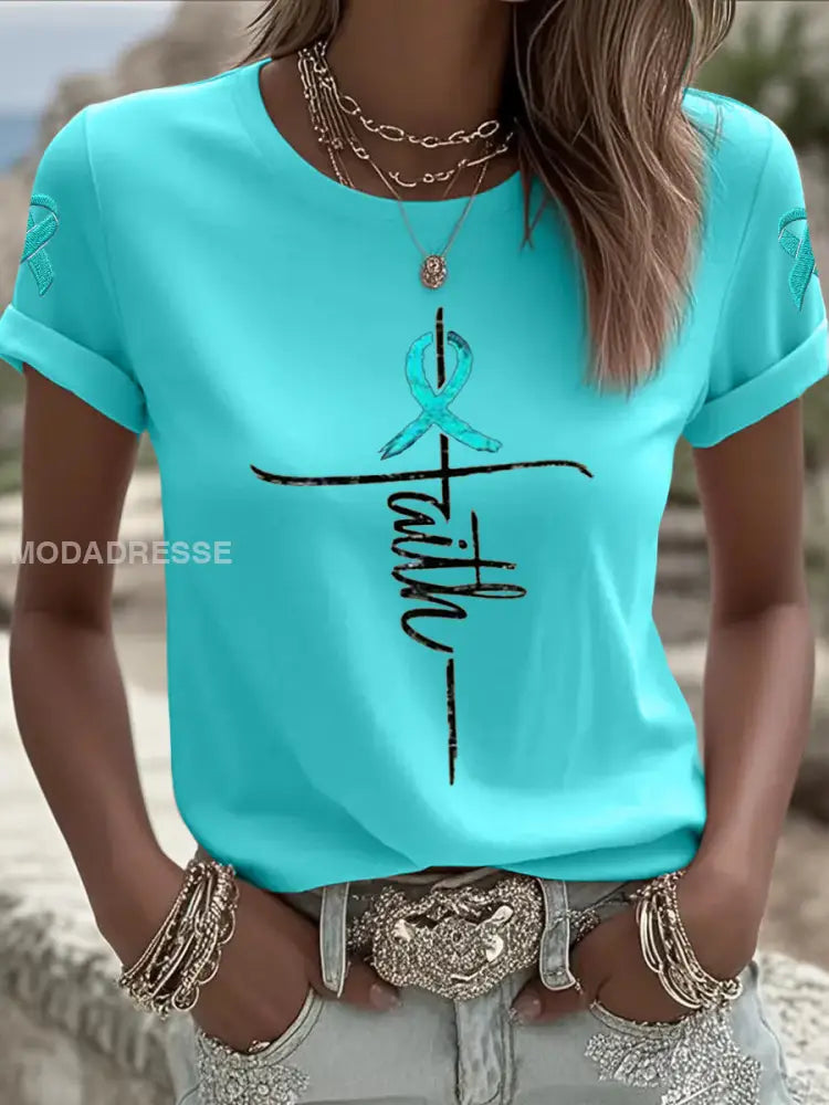 Kvinnors Teal Ribbon Kors tro äggstockscancer medvetenhet Tee blå- grön / S