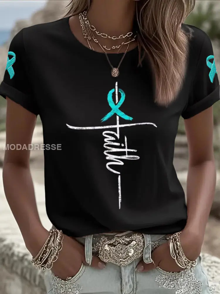 Kvinnors Teal Ribbon Kors tro äggstockscancer medvetenhet Tee svart / S