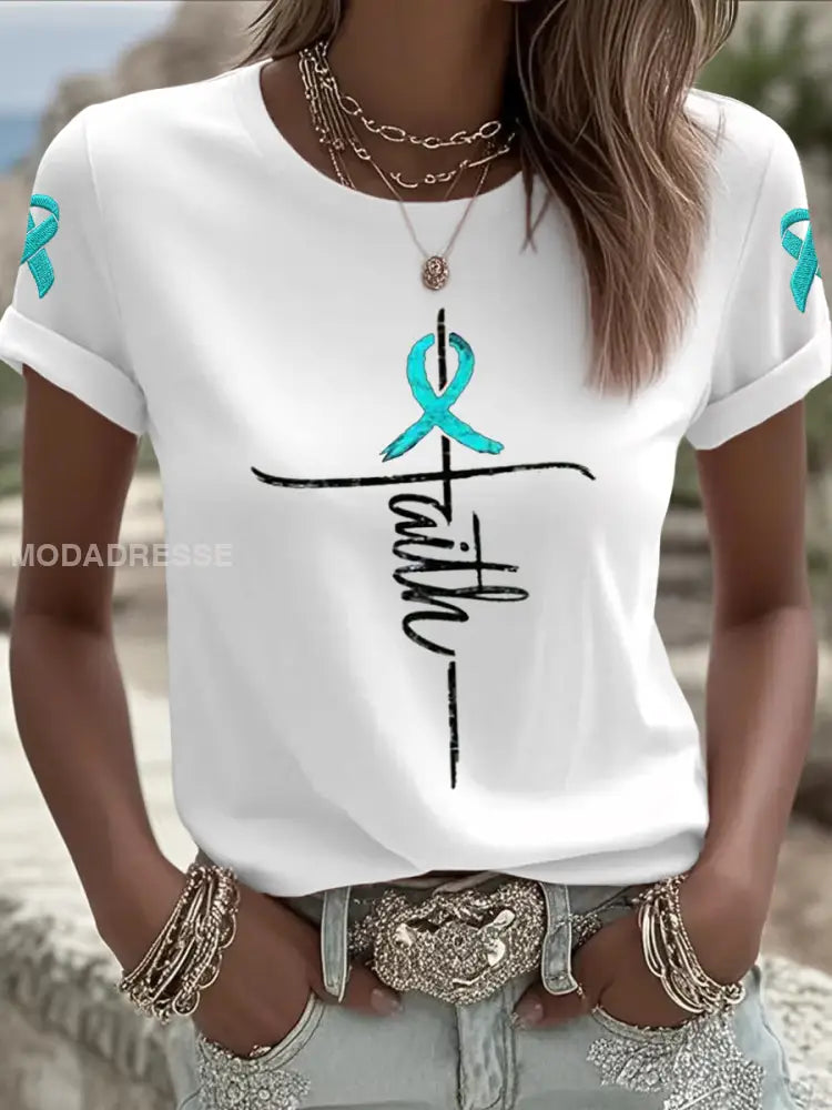 Kvinnors Teal Ribbon Kors tro äggstockscancer medvetenhet Tee vit / S