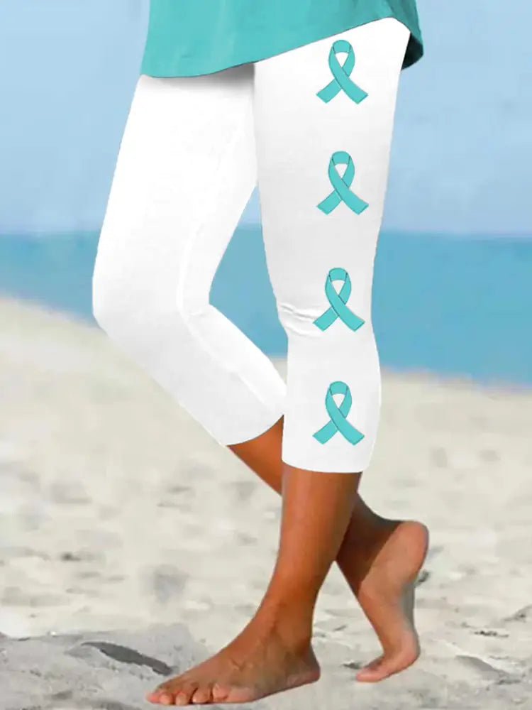 Kvinnors Teal Ribbon Ovarian cancer medvetenhet Stöd beskärda Leggings vit / S
