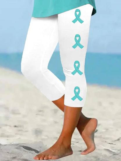 Kvinnors Teal Ribbon Ovarian cancer medvetenhet Stöd beskärda Leggings vit / S