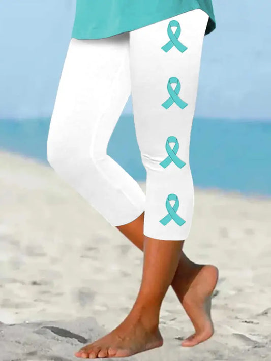 Kvinnors Teal Ribbon Ovarian cancer medvetenhet Stöd beskärda Leggings vit / S