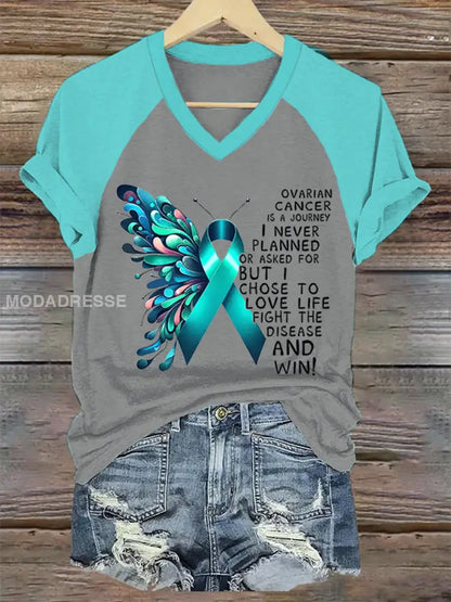 Kvinnors Teal Ribbon Ovarian Cancer medvetenhet Stöd V Hack Tee grå / S