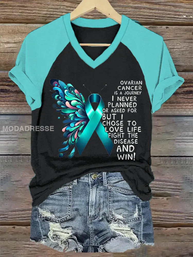 Kvinnors Teal Ribbon Ovarian Cancer medvetenhet Stöd V Hack Tee svart / S
