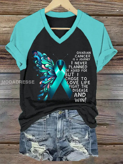 Kvinnors Teal Ribbon Ovarian Cancer medvetenhet Stöd V Hack Tee svart / S