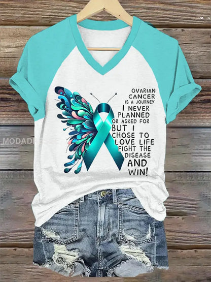 Kvinnors Teal Ribbon Ovarian Cancer medvetenhet Stöd V Hack Tee vit / S