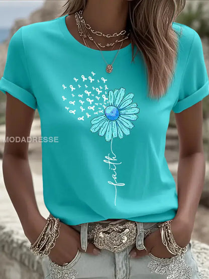 Kvinnors Teal Ribbon Solros Tryck äggstockscancer medvetenhet Tee blå grön / S