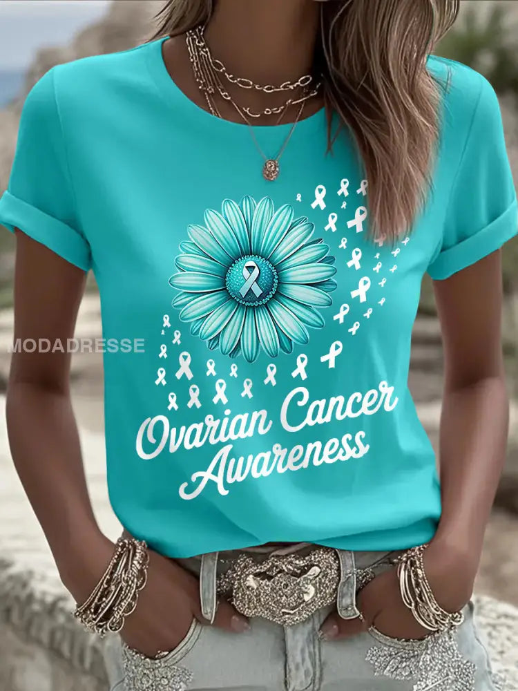 Kvinnors Teal Ribbon Solros Tryck äggstockscancer medvetenhet Tee blå grön / S