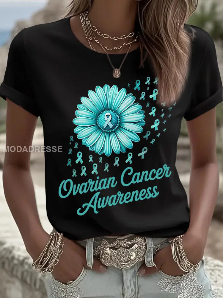 Kvinnors Teal Ribbon Solros Tryck äggstockscancer medvetenhet Tee svart / S