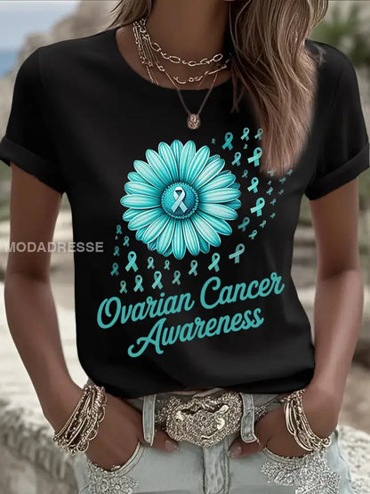 Kvinnors Teal Ribbon Solros Tryck äggstockscancer medvetenhet Tee svart / S