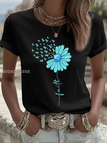 Kvinnors Teal Ribbon Solros Tryck äggstockscancer medvetenhet Tee svart / S