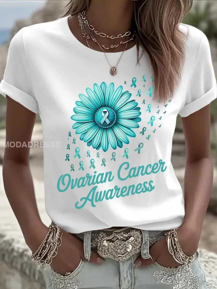 Kvinnors Teal Ribbon Solros Tryck äggstockscancer medvetenhet Tee vit / S