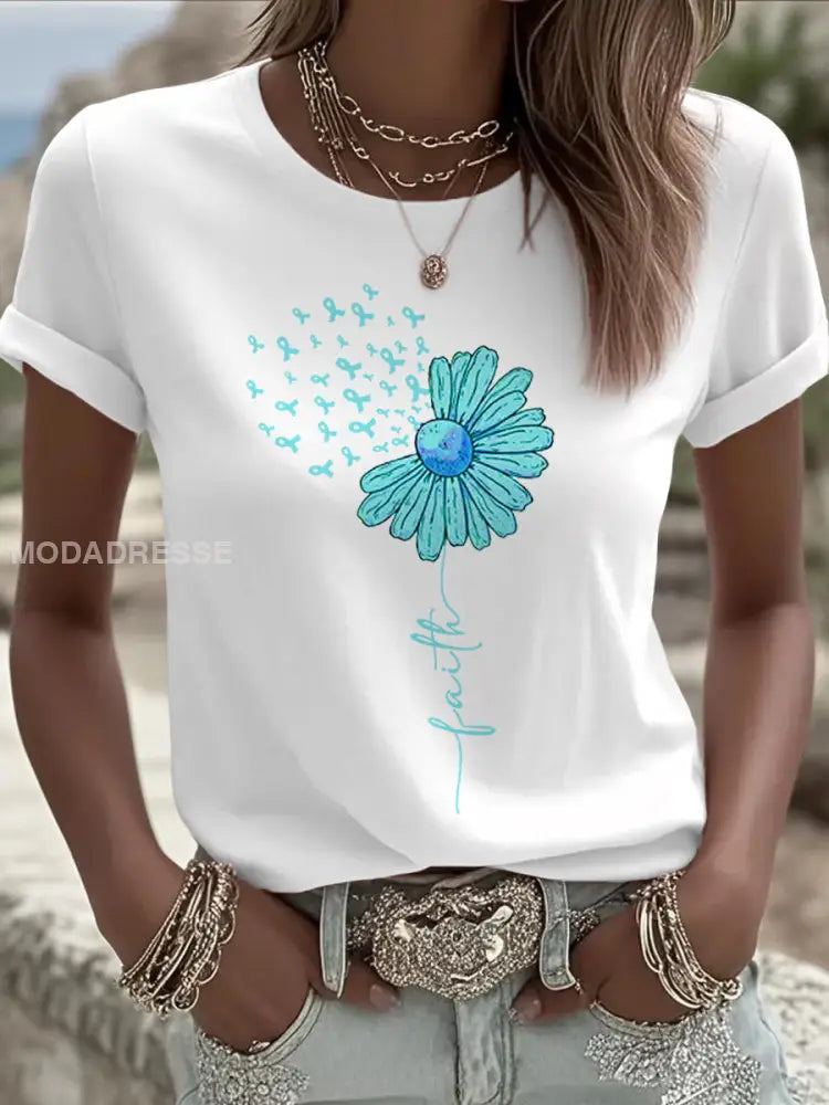 Kvinnors Teal Ribbon Solros Tryck äggstockscancer medvetenhet Tee vit / S