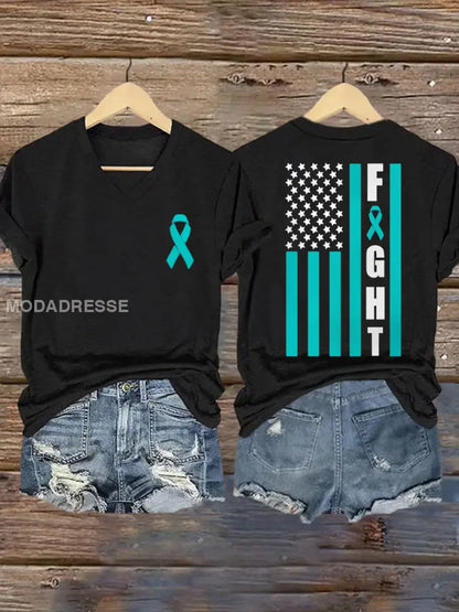 Kvinnors Teal Ribbon USA Flagg bekämpa äggstockscancer medvetenhet Support Tee svart / S