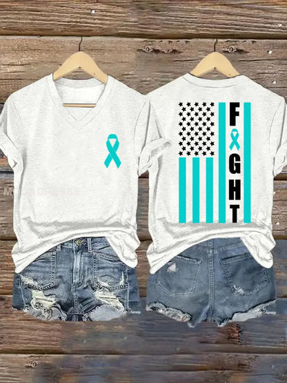 Kvinnors Teal Ribbon USA Flagg bekämpa äggstockscancer medvetenhet Support Tee vitt / S